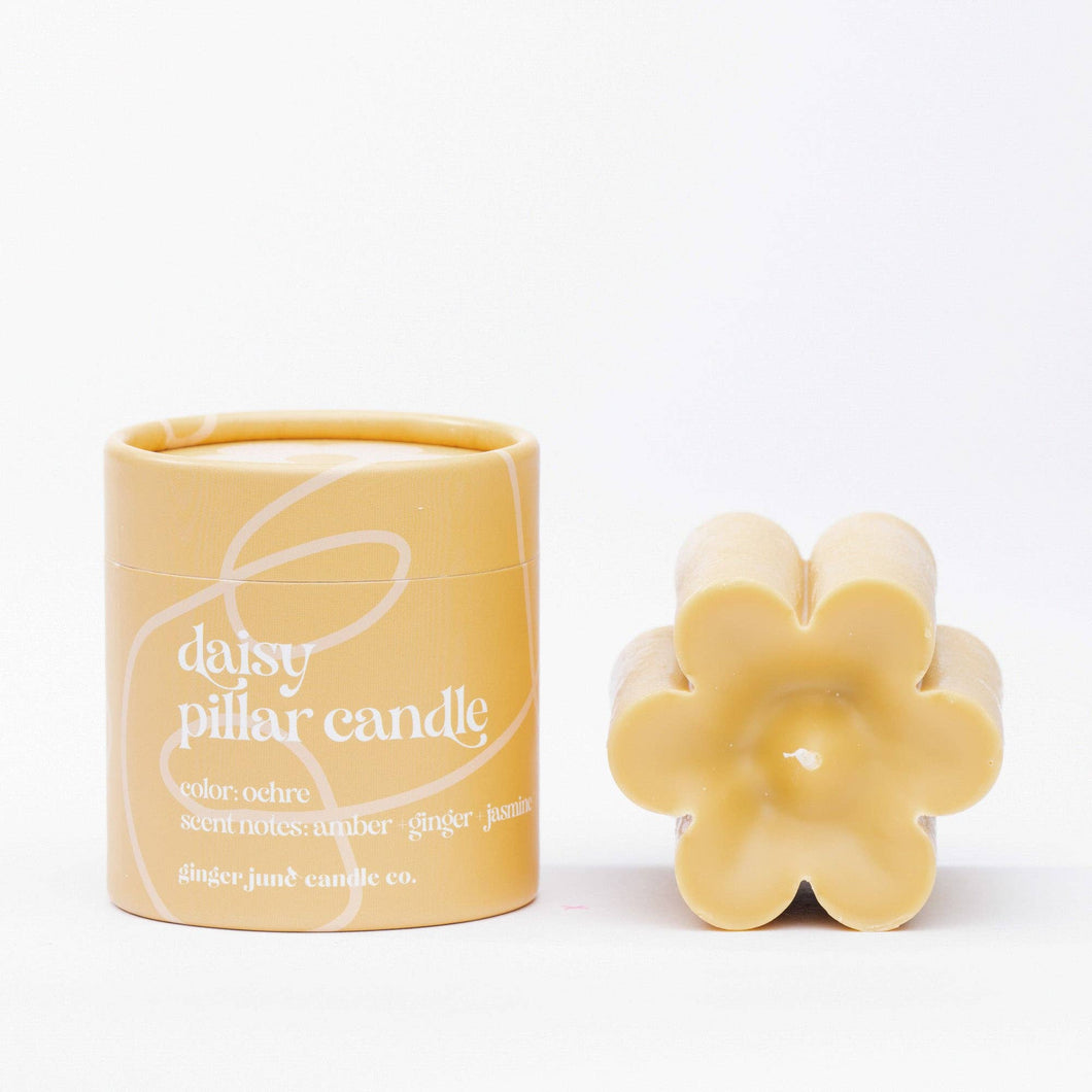 Ochre daisy pillar candle - Growing Fond