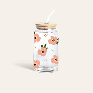 Iced Coffee Cup - Retro Floral Peach Glass Drinkware - Growing Fond