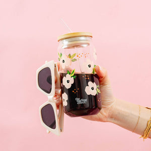 Iced Coffee Cup - Retro Floral Peach Glass Drinkware - Growing Fond