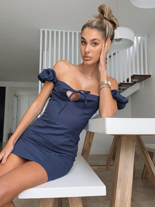 Amanda Off Shoulder Dress - Navy - Growing Fond
