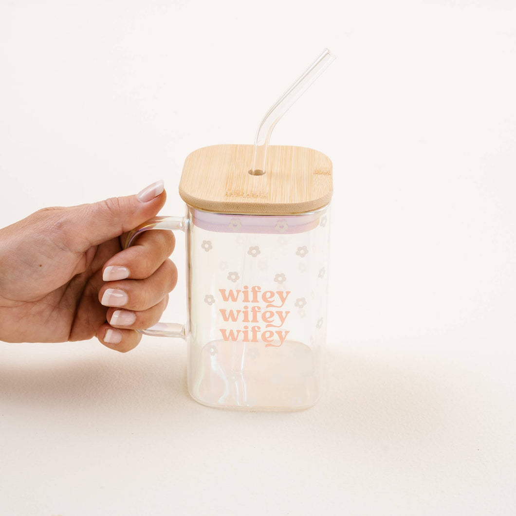 Square Glass Cup With Handle - Wifey - Growing Fond